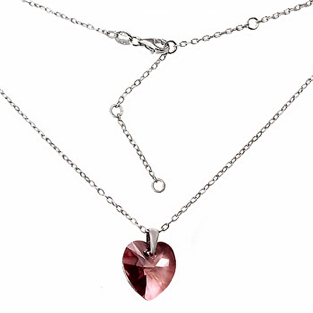 Italian Sterling Silver Rhodium Finished Heart Shape Cushion Cut Rose Colored Swarovski Necklace with Pendant Dimension of 14MMx15.88MM and Adjustable Chain Length from 15  to 18