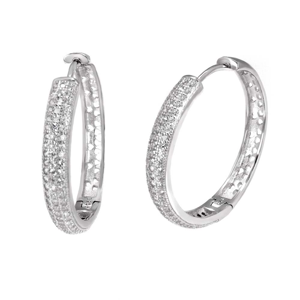 Sterling Silver 3 Line Cubic Zirconia Micro Pave Hoop Earrings