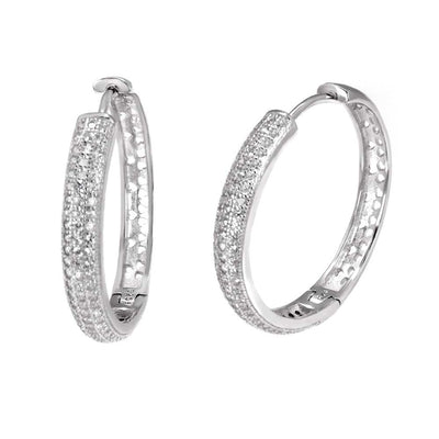 Sterling Silver 3 Line Cubic Zirconia Micro Pave Hoop Earrings