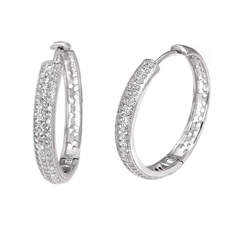Sterling Silver 3 Line Cubic Zirconia Micro Pave Hoop Earrings