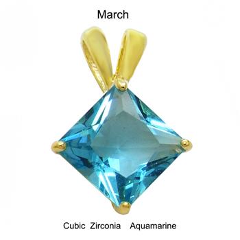 Sterling Silver 7mm Princess Cut CZ Aquamarine Gold Plated Pendant