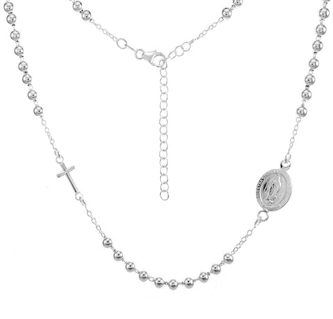 Sterling Silver Lady Of Guadalupe Bead Rosary Necklace Width-3mm, Length-17+2inch