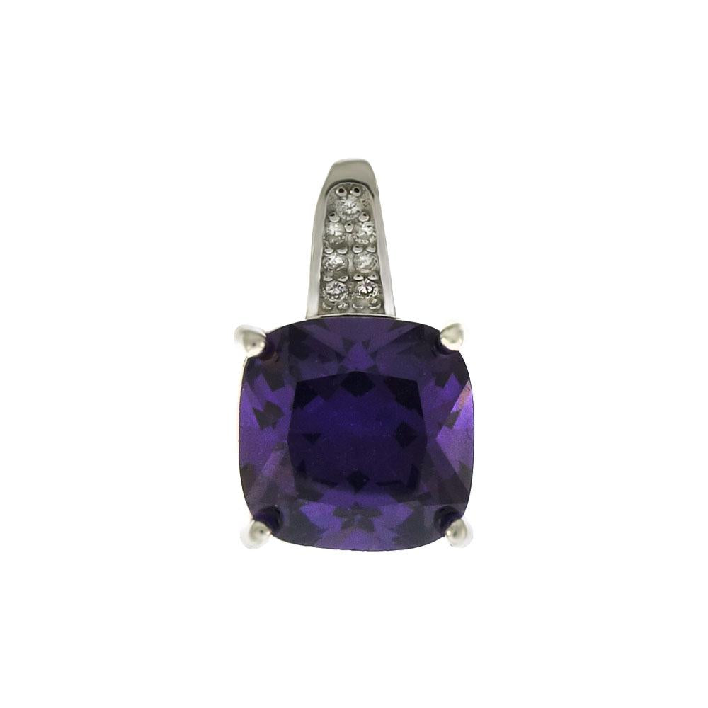 Sterling Silver 9X9mm Princess-Cut Amethyst Halo CZ Pendant