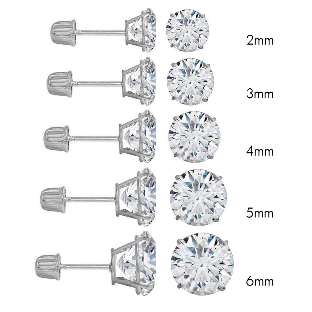 14K White Gold Round Cubic Zirconia Stud Earring Set on High Quality Prong SettingAnd Screw Back Post