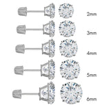 (PACK OF 6)14K White Gold Round Cubic Zirconia Stud Earring Set on High Quality Prong SettingAnd Screw Back Post