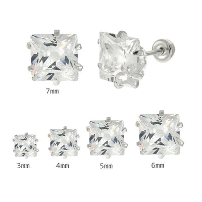 Sterling Silver Square CZ Stamping Screw Back Stud Earrings