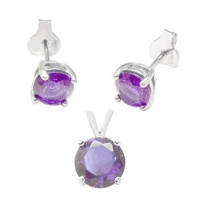 Sterling Silver Round Amethyst CZ Earrings And Pendant Set