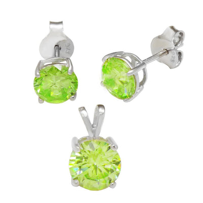 Sterling Silver Round Peridot CZ Earrings And Pendant Set