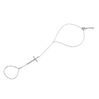 Sterling Silver Rhodium Plated CZ Cross Ring Bracelet