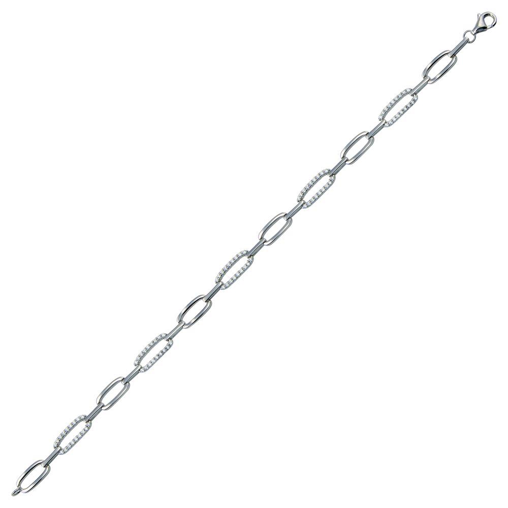 Sterling Silver Rhodium Plated CZ Oval Link Bracelet