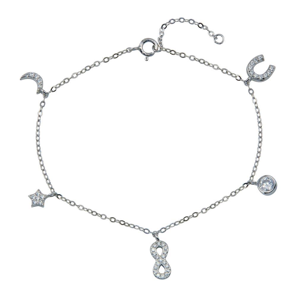 Sterling Silver Rhodium Plated CZ Horse Shoe Infinity Star Moon Charm Bracelet