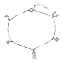 Load image into Gallery viewer, Sterling Silver Rhodium Plated CZ Horse Shoe Infinity Star Moon Charm Bracelet