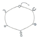 Sterling Silver Rhodium Plated CZ Horse Shoe Infinity Star Moon Charm Bracelet