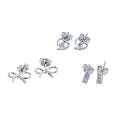 Sterling Silver Rhodium Plated Heart Bow and Bar CZ Earrings Set