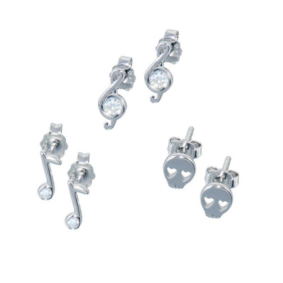 Sterling Silver Rhodium Plated Musical Note Skull CZ Earrings Set
