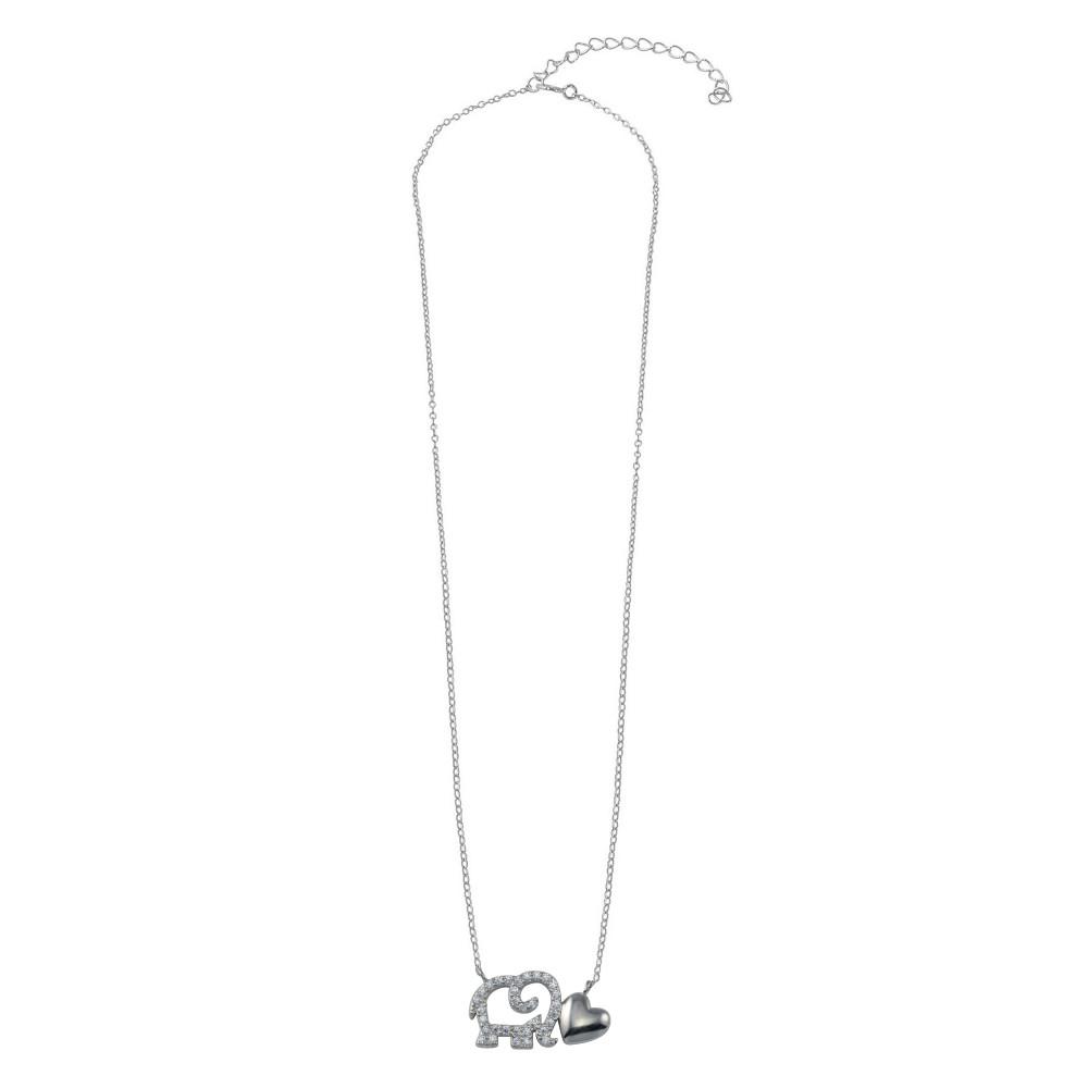 Sterling Silver Rhodium Plated Outline CZ Elephant With Heart Necklace