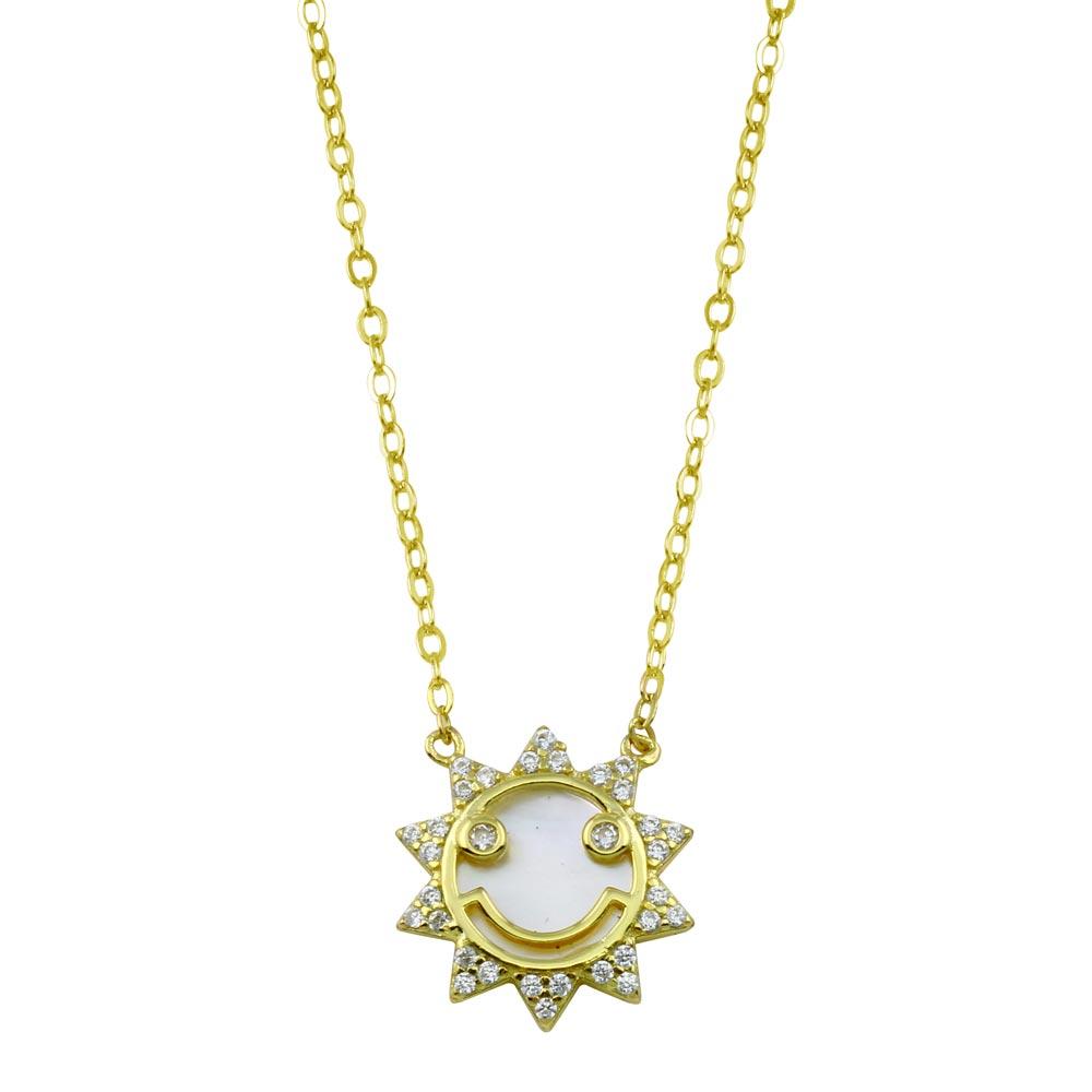 Sterling Silver Gold Plated CZ Synthetic Mother of Pearl Happy Face Sun Necklace