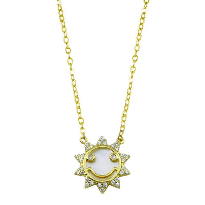 Sterling Silver Gold Plated CZ Synthetic Mother of Pearl Happy Face Sun Necklace