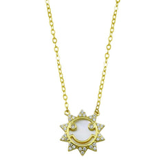 Sterling Silver Gold Plated CZ Synthetic Mother of Pearl Happy Face Sun Necklace