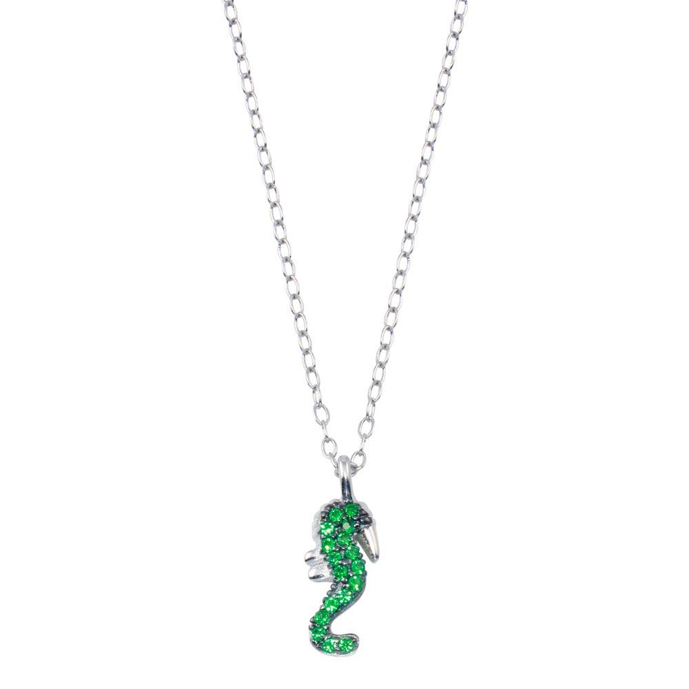 Sterling Silver Rhodium Plated Green Seahorse Necklace