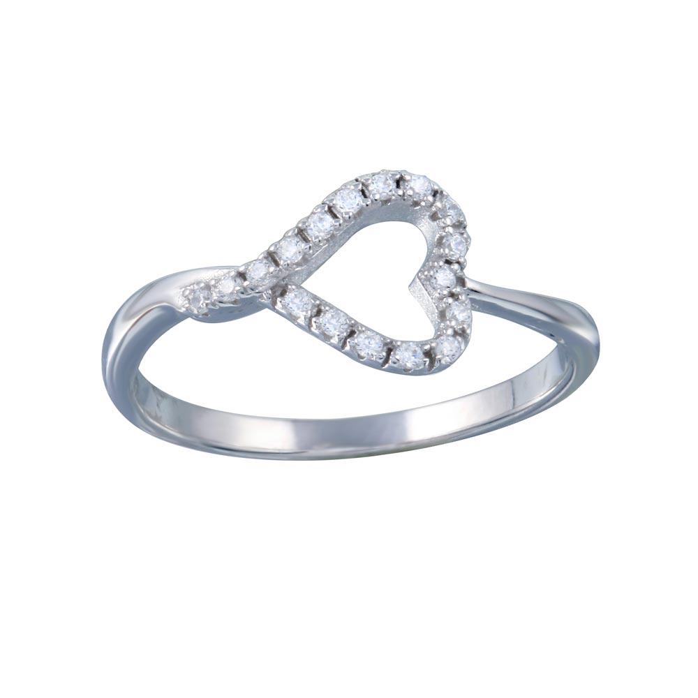 Sterling Silver Rhodium Plated Side Way Open Heart CZ Ring