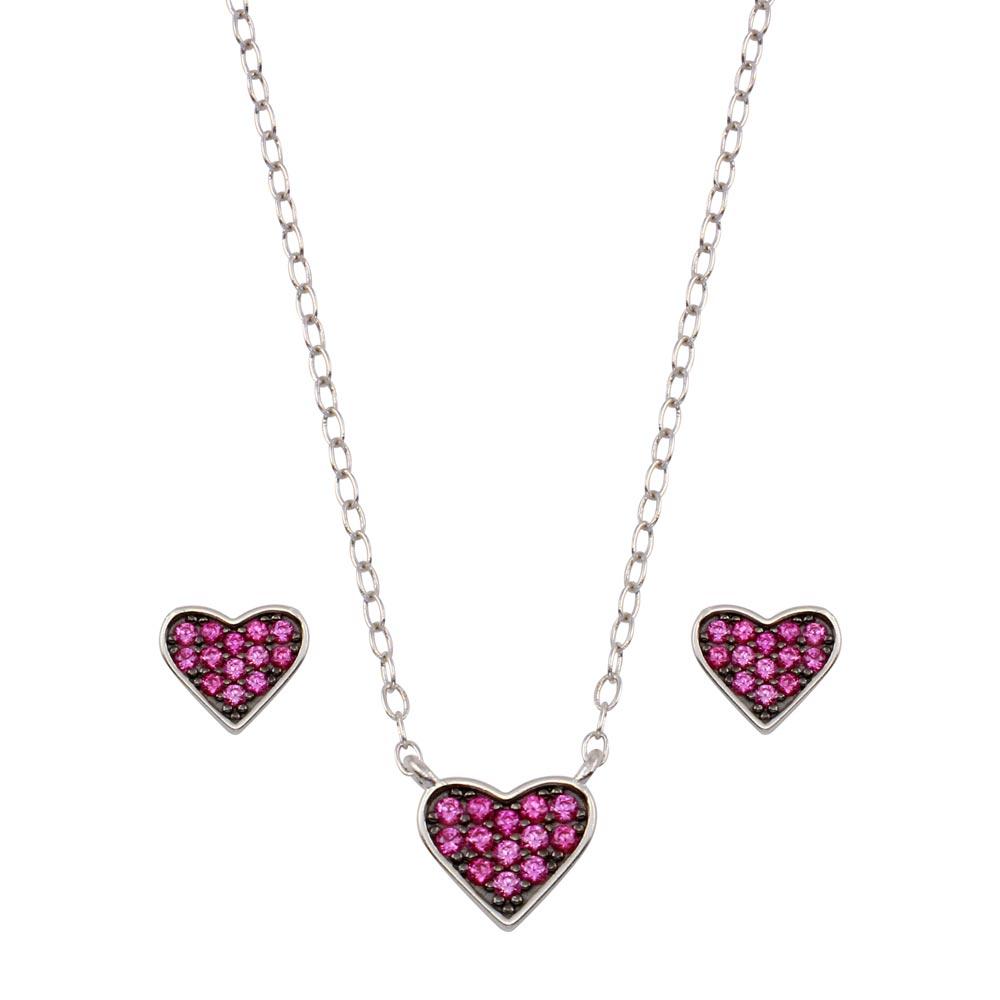 Sterling Silver Rhodium Plated Red Heart Cluster Set