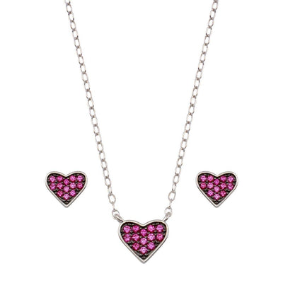 Sterling Silver Rhodium Plated Red Heart Cluster Set