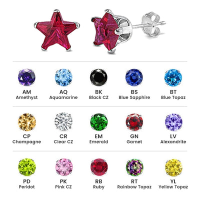 Sterling Silver Colored CZ 6mm Stamping Star Earrings