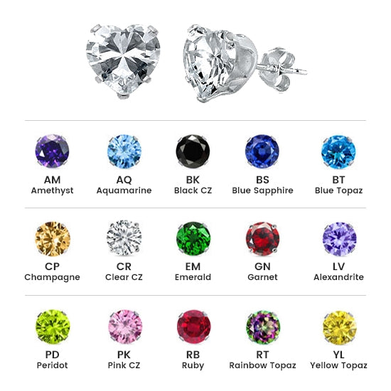 Sterling Silver Colored CZ 5mm Stamping Heart Earrings