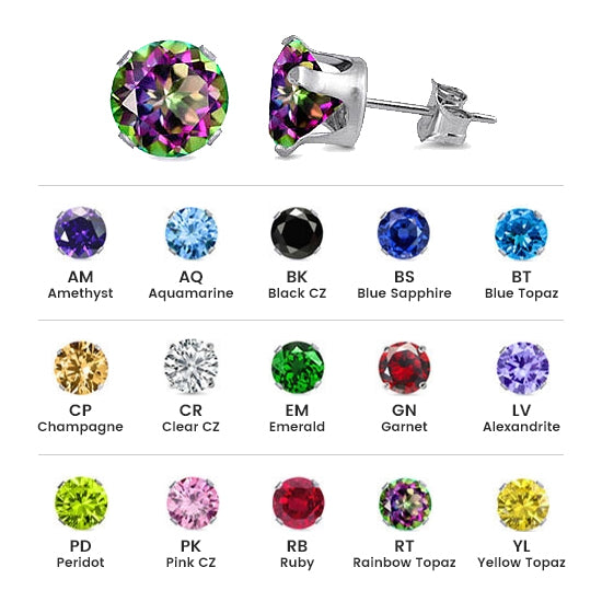 Sterling Silver Colored CZ 6mm Stamping Round Earrings