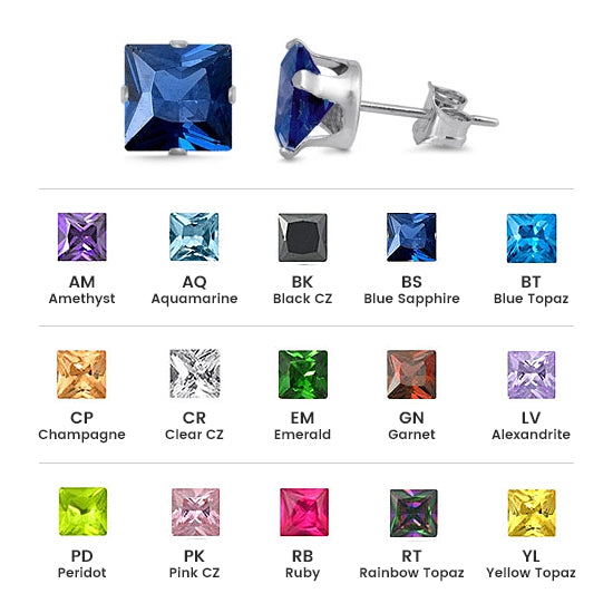 Sterling Silver Colored CZ 5mm Stamping Square Earrings