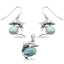 Load image into Gallery viewer, Sterling Silver Oval Natural Larimar Dolphin Pendant And Earring Set