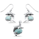 Sterling Silver Oval Natural Larimar Dolphin Pendant And Earring Set