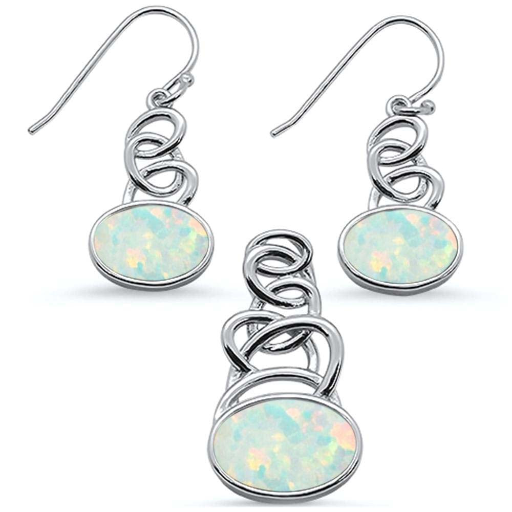 Sterling Silver White Opal Oval Shape Spiral Dangle Earring And Pendant Set