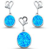 Sterling Silver Oval Blue Opal Ad CZ With Heart Shape Dangle Earring And Pendant Set