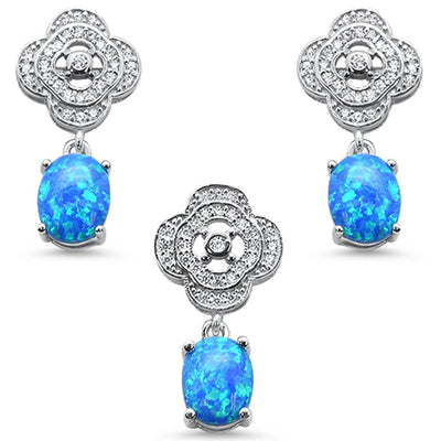 Sterling Silver New Blue Opal And Cubic Zirconia Pendant And Earring Set