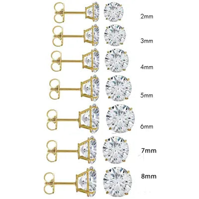 14K Yellow Gold Round Cubic Zirconia Earring. Set on High Quality Prong Setting and Friction Style Post