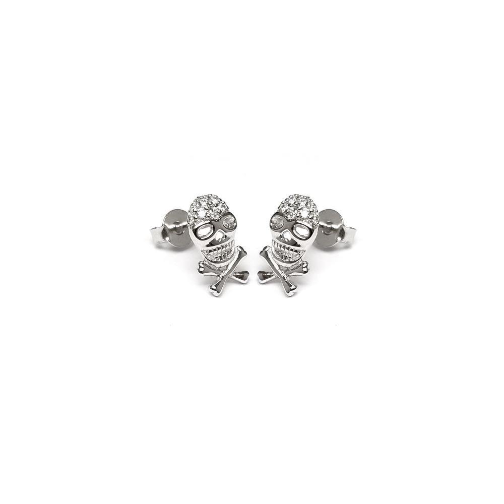 Sterling Silver Rhodium Plated Skull CZ Stud Earrings - silverdepot