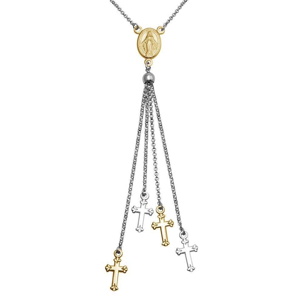 Sterling Silver Rhodium and Gold Plated Rosary Tassel Necklace