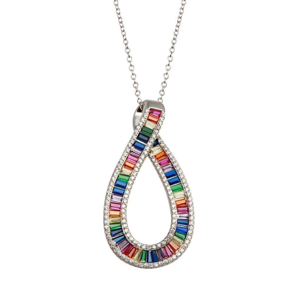 Sterling Silver Rhodium Plated Rainbow Multi Color CZ Ribbon Necklace - silverdepot