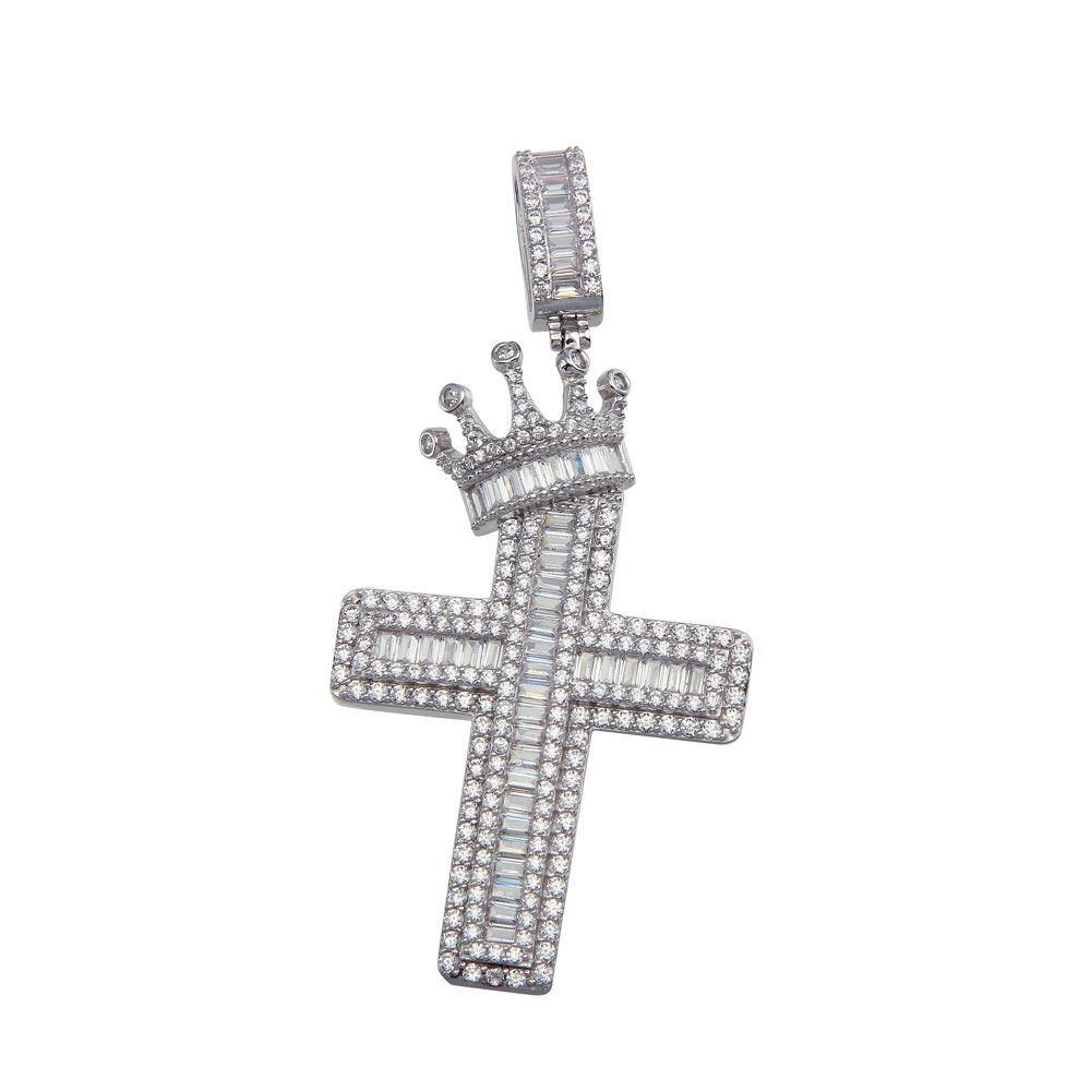 Sterling Silver Crowned Cross CZ Hip Hop Pendant - silverdepot