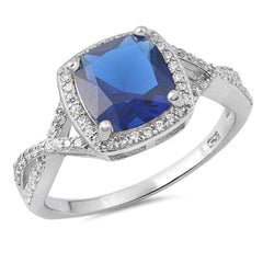 Sterling Silver Blue Sapphire Princess Cut Stone with Clear CZ RingAnd Face Height of 10 mm