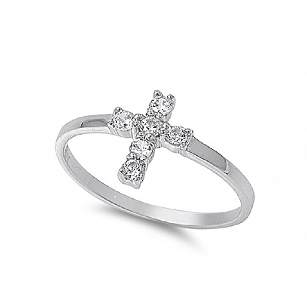 Sterling Silver Cross Shaped Clear CZ RingAnd Face Height 44mmAnd Band Width 2mm