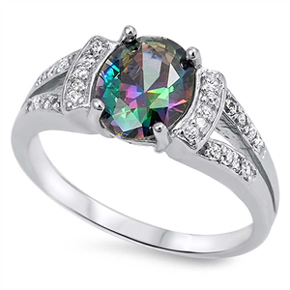 Sterling Silver Oval With Rainbow Topaz And Cubic Zirconia Ring