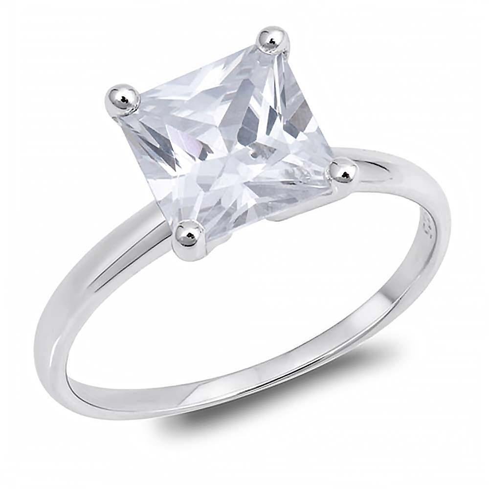 Sterling Silver Princess Cut Clear Solitaire Simulated Diamond Engagement Ring on Prong Setting with Rhodium FinishAnd Face Height of 9mm - silverdepot
