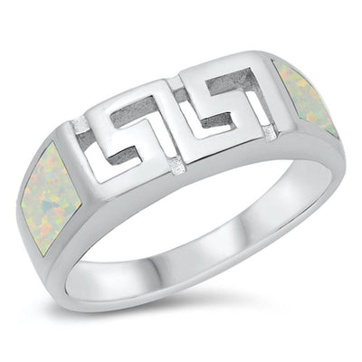 Sterling Silver Rhodium Plated White Lab Opal Aztec Ring - silverdepot
