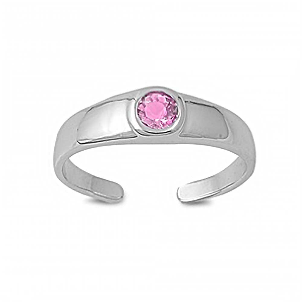 Sterling Silver Classy Toe Ring with Centered Pink CZ And Face Height of 5 MM