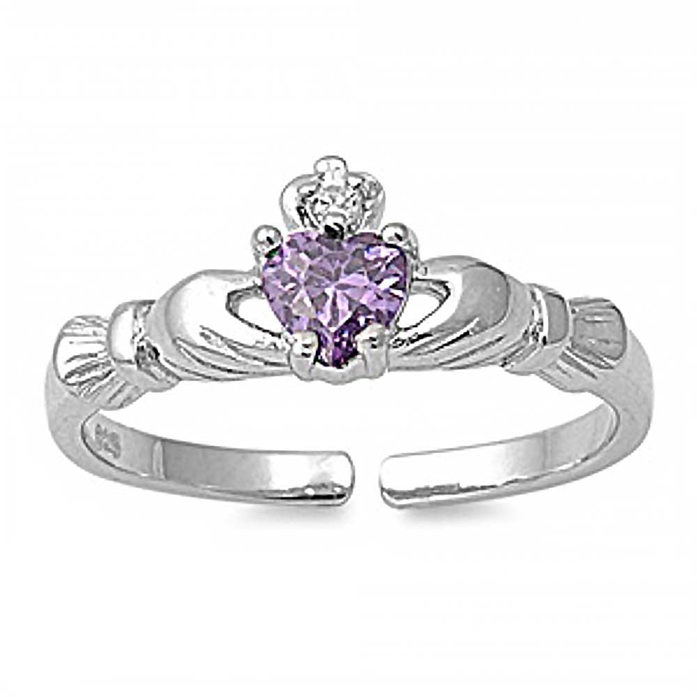 Sterling Silver Stylish Claddagh Toe Ring with Amethyst CZ HeartAnd Face Height 7 MM