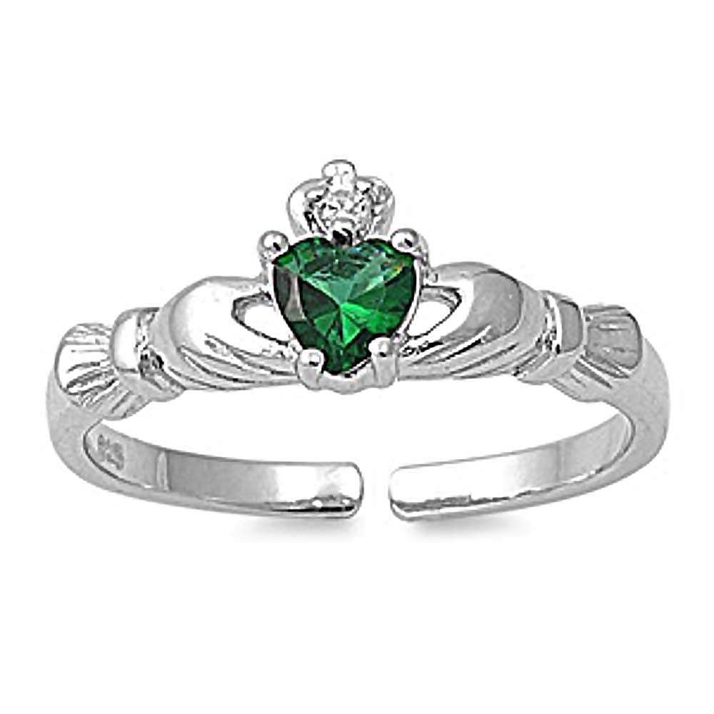 Sterling Silver Stylish Claddagh Toe Ring with Emerald CZ Heart and Face Height 7 MM