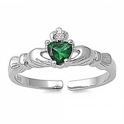 Sterling Silver Stylish Claddagh Toe Ring with Emerald Simulated Diamond Heart and Face Height 7 MM